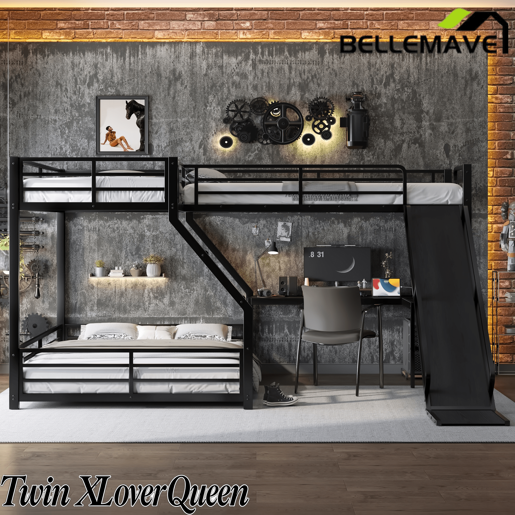 Bellemave® Bunk Bed Frame with Twin Size Loft Beds, Heavy Duty Triple Bunk Bed with L - Shaped Desk, Slide & Charging Station(USB Ports & Outlets) - Bellemave