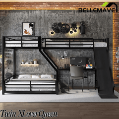 Bellemave® Bunk Bed Frame with Twin Size Loft Beds, Heavy Duty Triple Bunk Bed with L - Shaped Desk, Slide & Charging Station(USB Ports & Outlets) - Bellemave