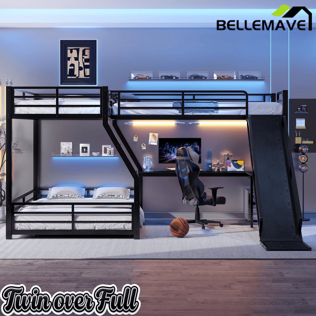 Bellemave® Bunk Bed Frame with Twin Size Loft Beds, Heavy Duty Triple Bunk Bed with L - Shaped Desk, Slide & Charging Station(USB Ports & Outlets) - Bellemave