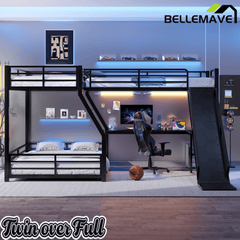 Bellemave® Bunk Bed Frame with Twin Size Loft Beds, Heavy Duty Triple Bunk Bed with L - Shaped Desk, Slide & Charging Station(USB Ports & Outlets) - Bellemave