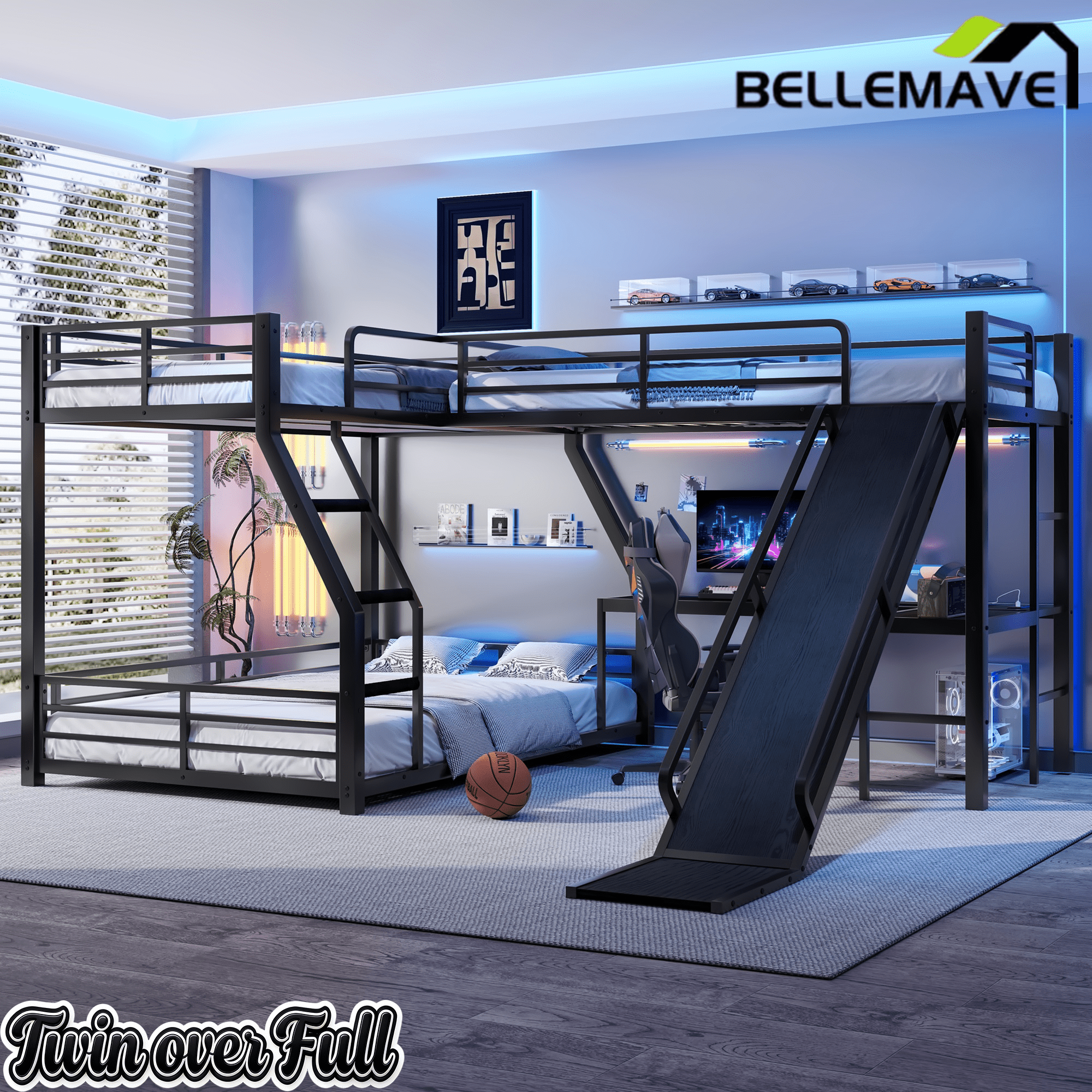 Bellemave® Bunk Bed Frame with Twin Size Loft Beds, Heavy Duty Triple Bunk Bed with L - Shaped Desk, Slide & Charging Station(USB Ports & Outlets) - Bellemave