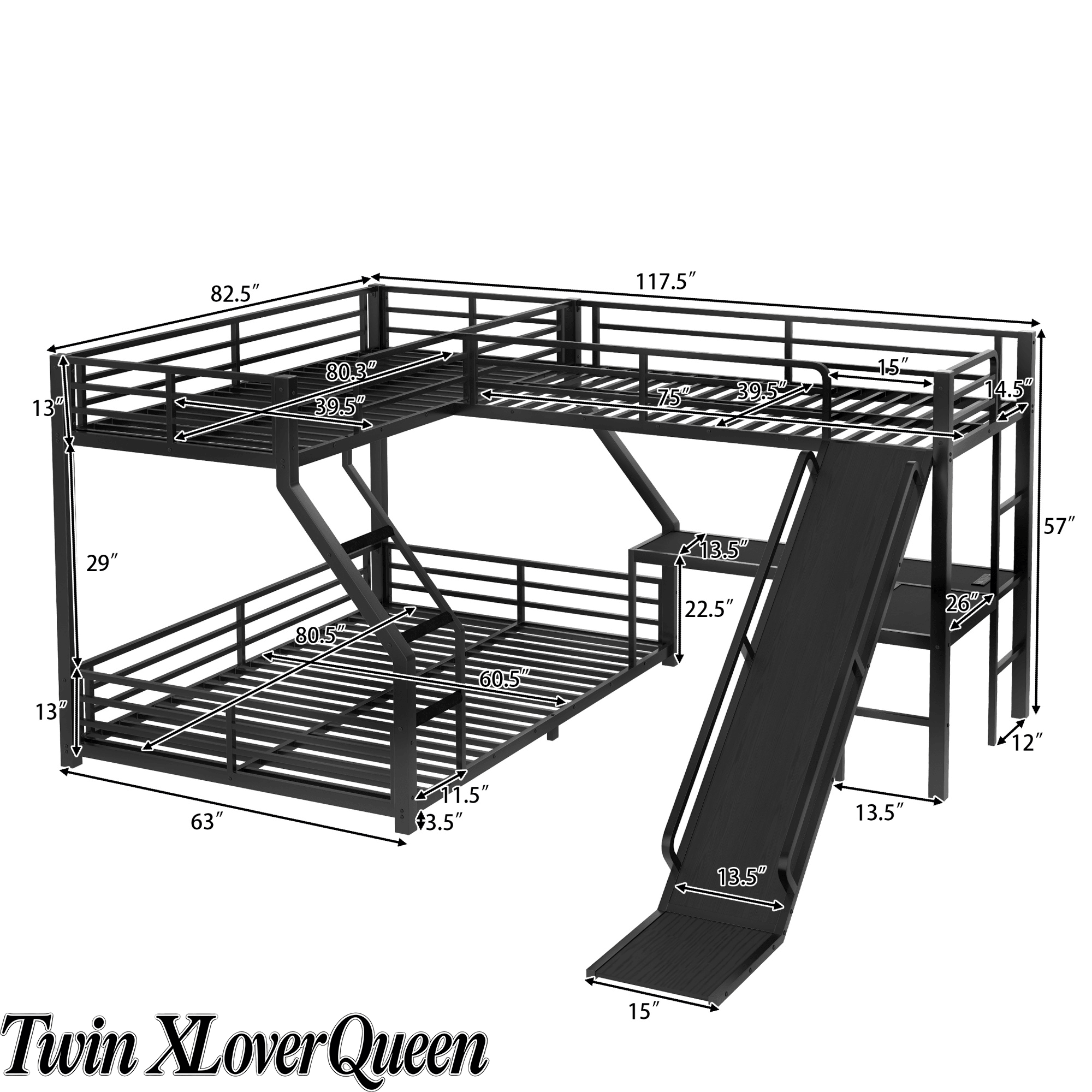Bellemave® Bunk Bed Frame with Twin Size Loft Beds, Heavy Duty Triple Bunk Bed with L - Shaped Desk, Slide & Charging Station(USB Ports & Outlets) - Bellemave