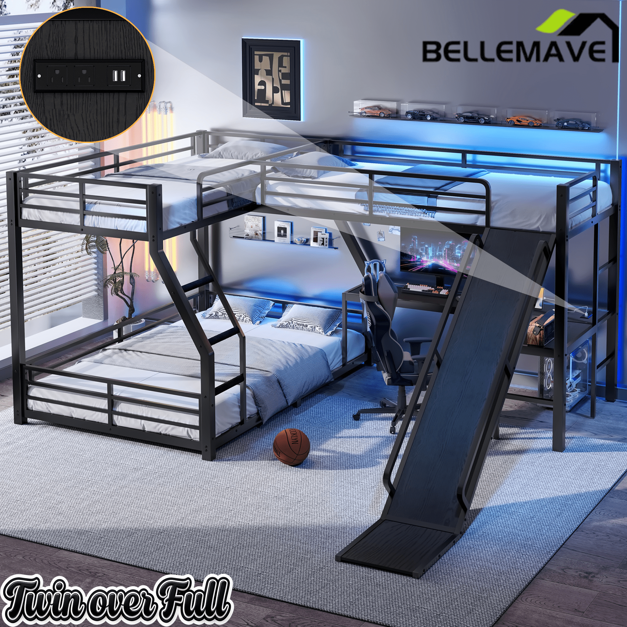 Bellemave® Bunk Bed Frame with Twin Size Loft Beds, Heavy Duty Triple Bunk Bed with L - Shaped Desk, Slide & Charging Station(USB Ports & Outlets) - Bellemave
