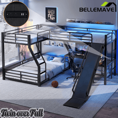Bellemave® Bunk Bed Frame with Twin Size Loft Beds, Heavy Duty Triple Bunk Bed with L - Shaped Desk, Slide & Charging Station(USB Ports & Outlets) - Bellemave