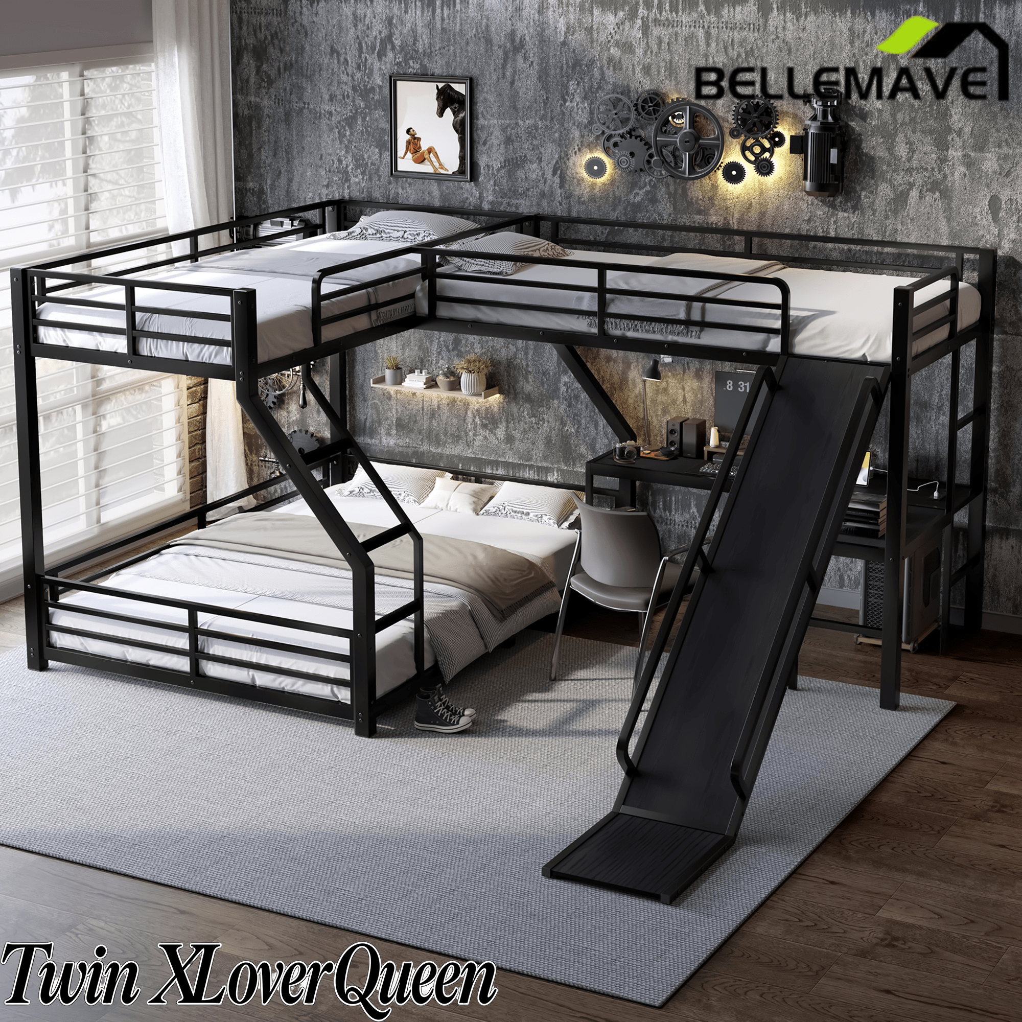 Bellemave® Bunk Bed Frame with Twin Size Loft Beds, Heavy Duty Triple Bunk Bed with L - Shaped Desk, Slide & Charging Station(USB Ports & Outlets) - Bellemave