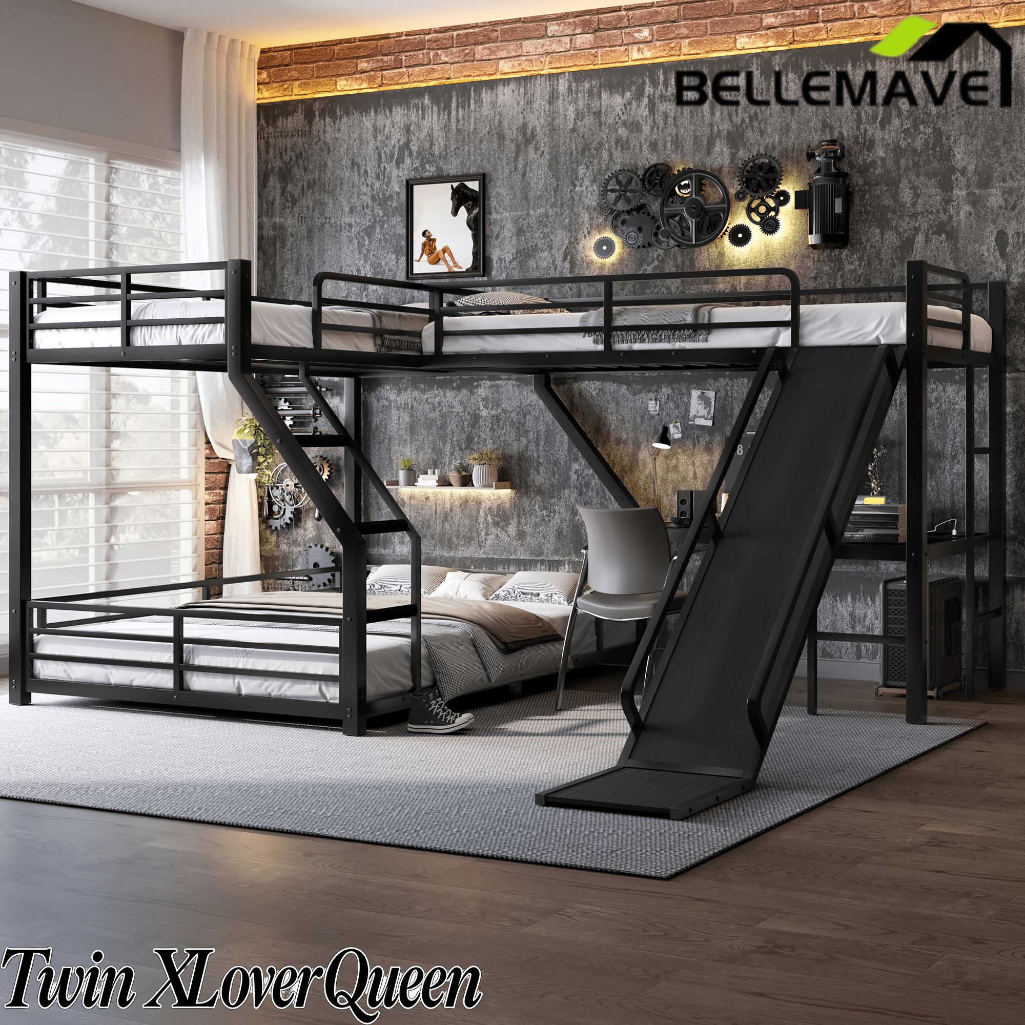 Bellemave® Bunk Bed Frame with Twin Size Loft Beds, Heavy Duty Triple Bunk Bed with L - Shaped Desk, Slide & Charging Station(USB Ports & Outlets) - Bellemave