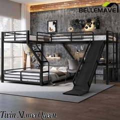 Bellemave® Bunk Bed Frame with Twin Size Loft Beds, Heavy Duty Triple Bunk Bed with L - Shaped Desk, Slide & Charging Station(USB Ports & Outlets) - Bellemave