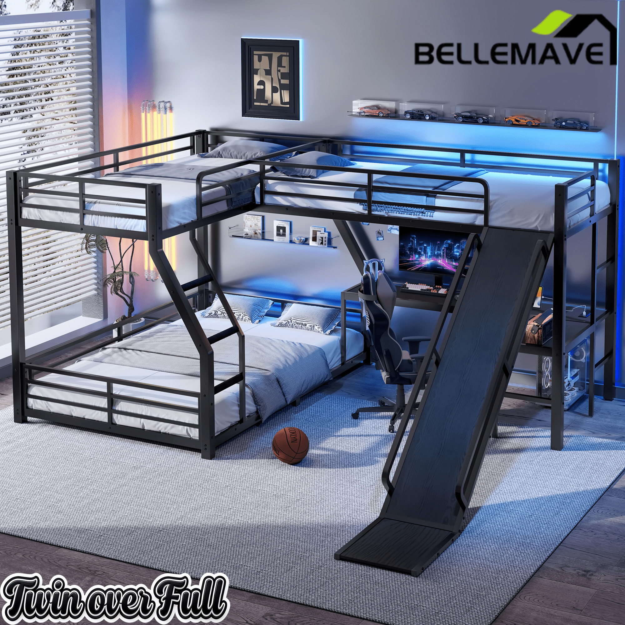 Bellemave® Bunk Bed Frame with Twin Size Loft Beds, Heavy Duty Triple Bunk Bed with L - Shaped Desk, Slide & Charging Station(USB Ports & Outlets) - Bellemave