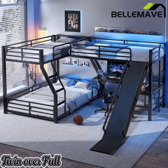 Bellemave® Bunk Bed Frame with Twin Size Loft Beds, Heavy Duty Triple Bunk Bed with L - Shaped Desk, Slide & Charging Station(USB Ports & Outlets) - Bellemave
