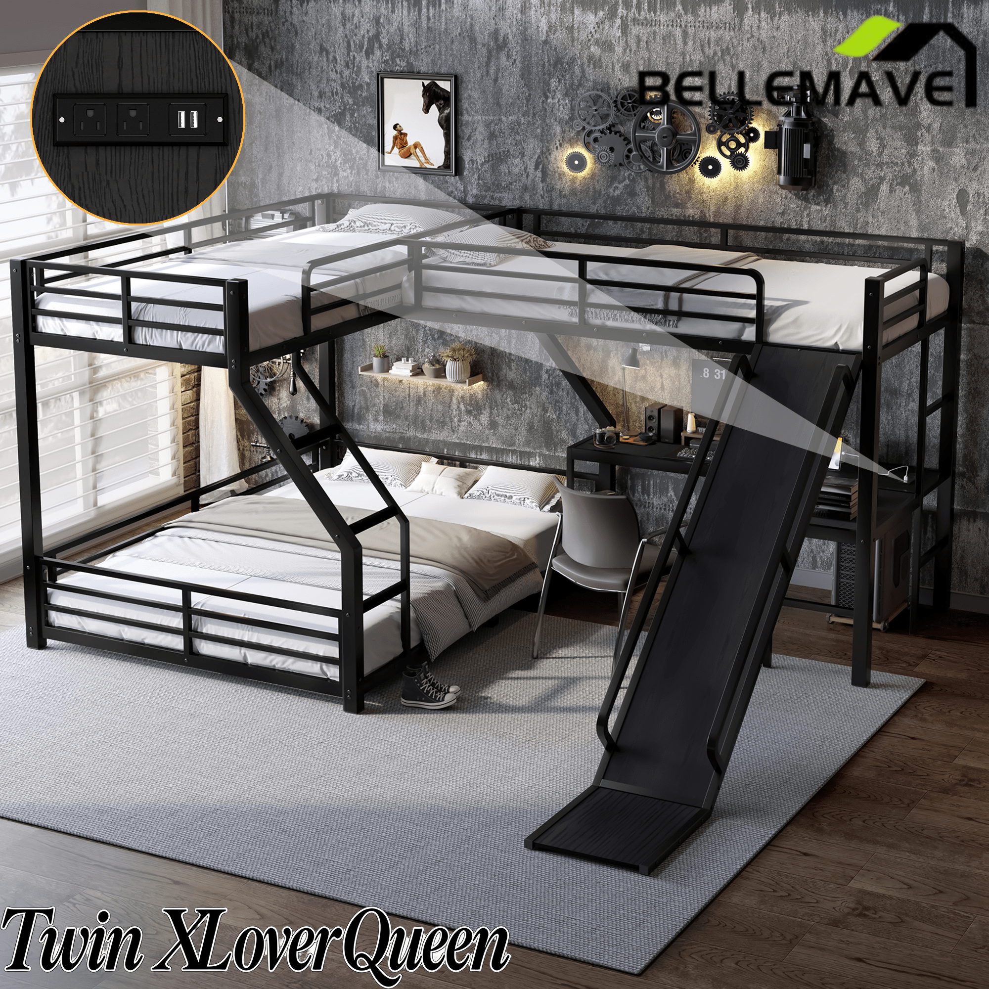 Bellemave® Bunk Bed Frame with Twin Size Loft Beds, Heavy Duty Triple Bunk Bed with L - Shaped Desk, Slide & Charging Station(USB Ports & Outlets) - Bellemave