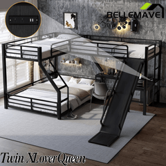 Bellemave® Bunk Bed Frame with Twin Size Loft Beds, Heavy Duty Triple Bunk Bed with L - Shaped Desk, Slide & Charging Station(USB Ports & Outlets) - Bellemave