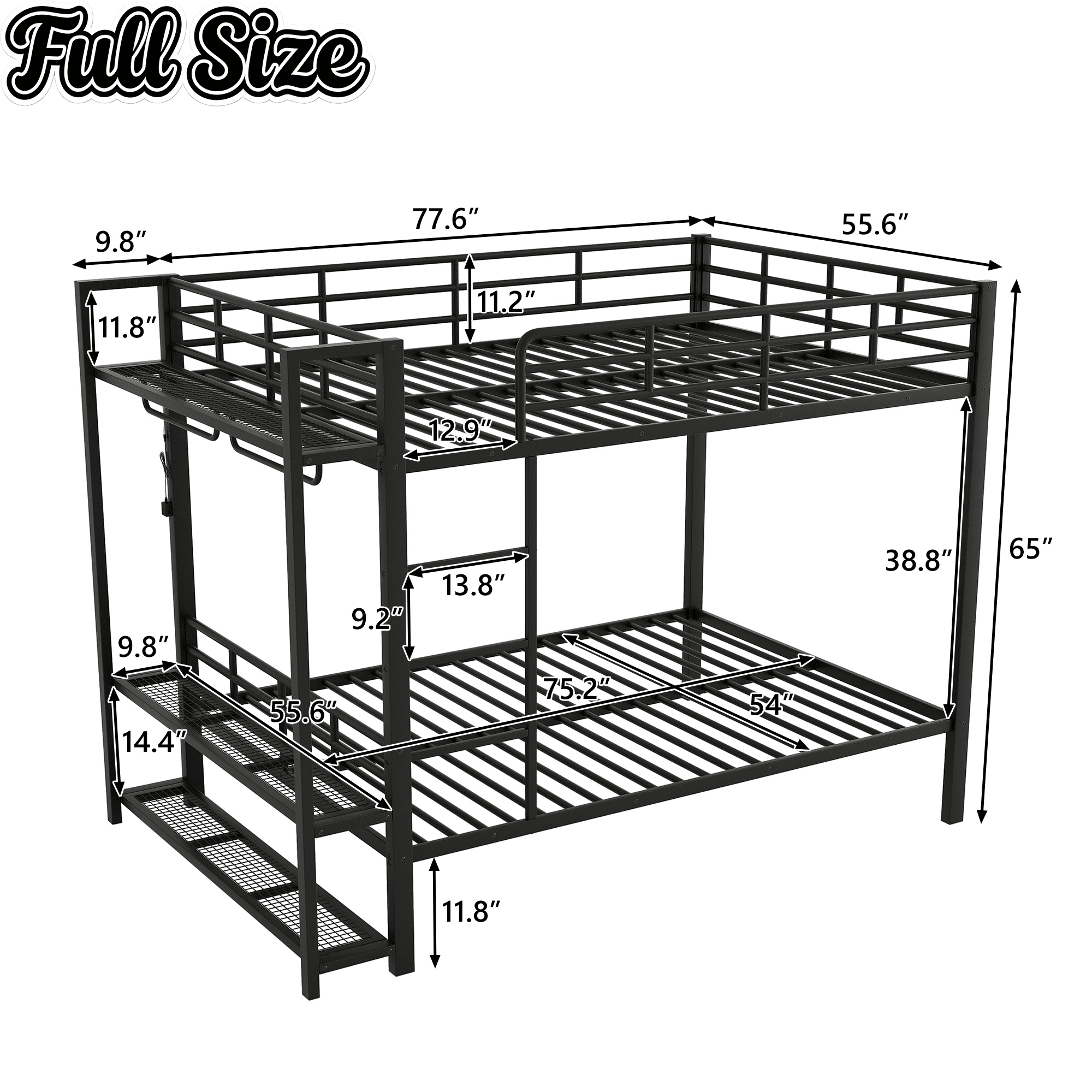 Bellemave® Bunk Bed Full Over Full,Metal Bunk Bed with Shelf, Guardrails, Storage Shelves & Clothes Hooks - Bellemave