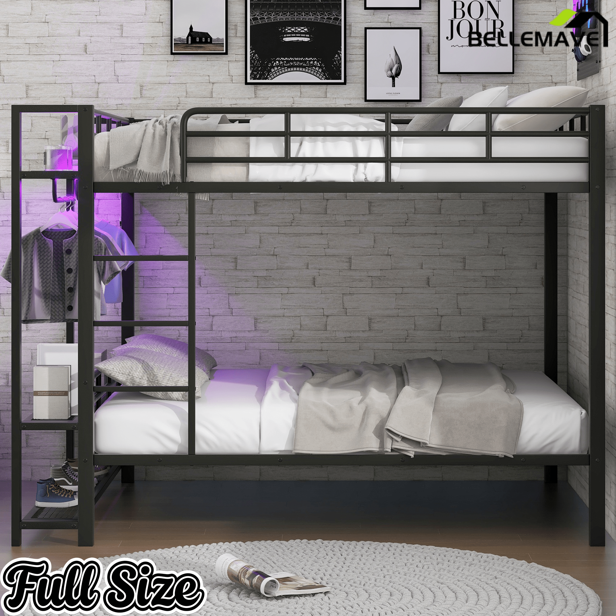 Bellemave® Bunk Bed Full Over Full,Metal Bunk Bed with Shelf, Guardrails, Storage Shelves & Clothes Hooks - Bellemave