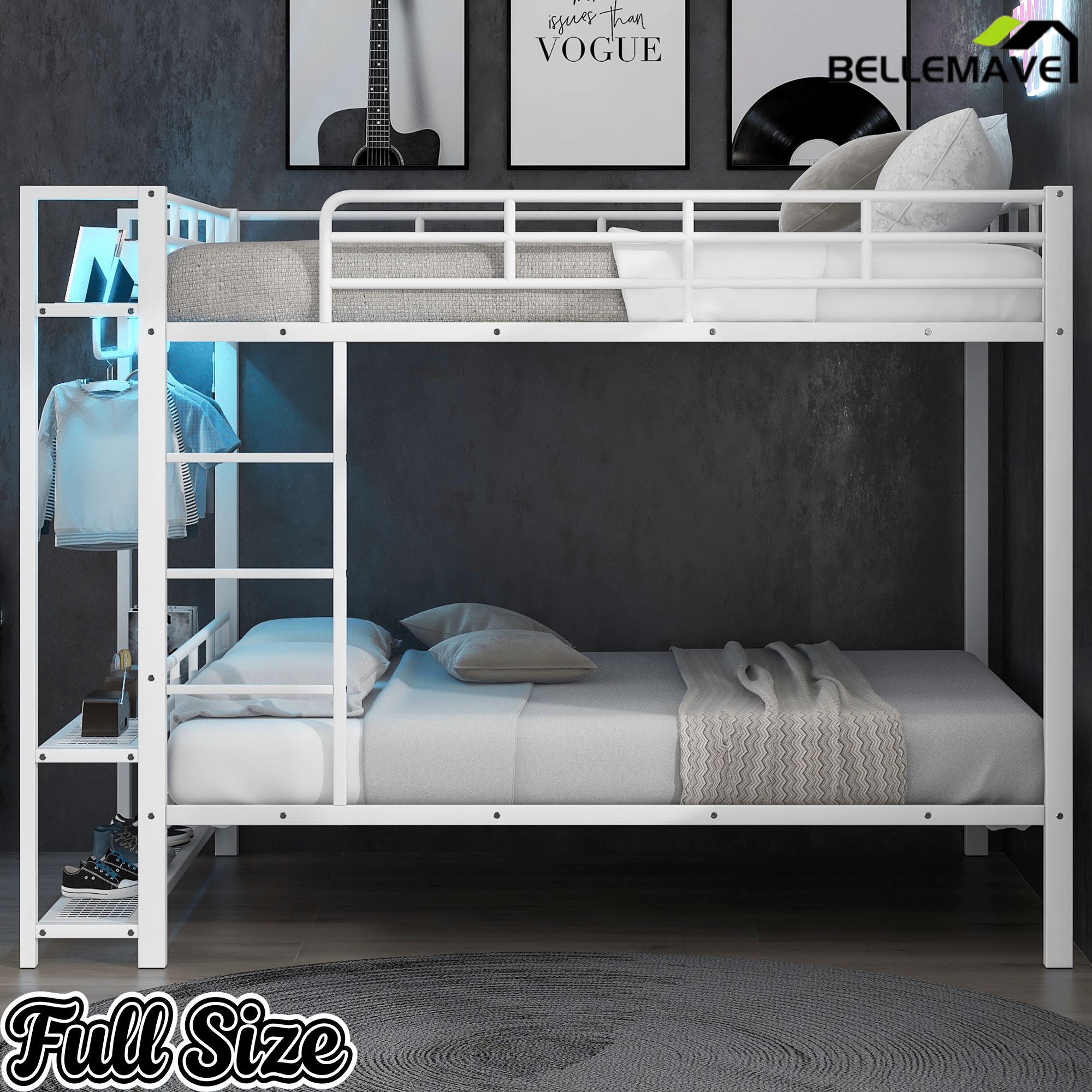 Bellemave® Bunk Bed Full Over Full,Metal Bunk Bed with Shelf, Guardrails, Storage Shelves & Clothes Hooks - Bellemave