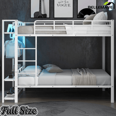 Bellemave® Bunk Bed Full Over Full,Metal Bunk Bed with Shelf, Guardrails, Storage Shelves & Clothes Hooks - Bellemave