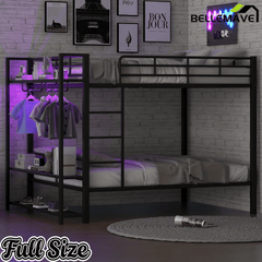 Bellemave® Bunk Bed Full Over Full,Metal Bunk Bed with Shelf, Guardrails, Storage Shelves & Clothes Hooks - Bellemave