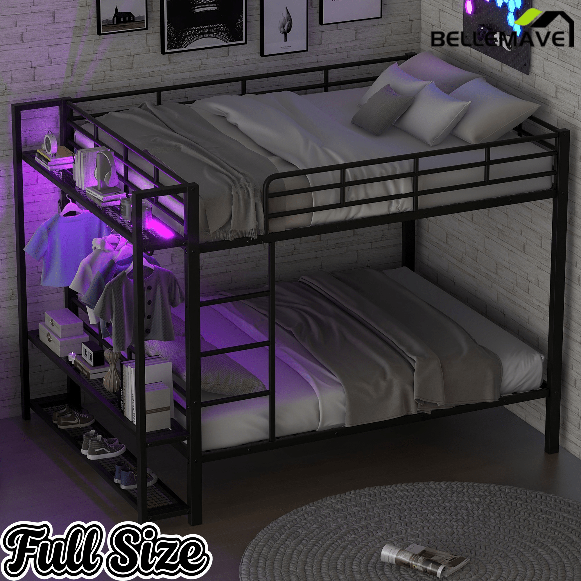 Bellemave® Bunk Bed Full Over Full,Metal Bunk Bed with Shelf, Guardrails, Storage Shelves & Clothes Hooks - Bellemave