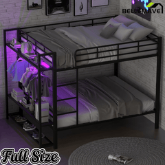 Bellemave® Bunk Bed Full Over Full,Metal Bunk Bed with Shelf, Guardrails, Storage Shelves & Clothes Hooks - Bellemave