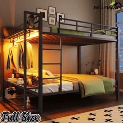Bellemave® Bunk Bed Full Over Full,Metal Bunk Bed with Shelf, Guardrails, Storage Shelves & Clothes Hooks - Bellemave
