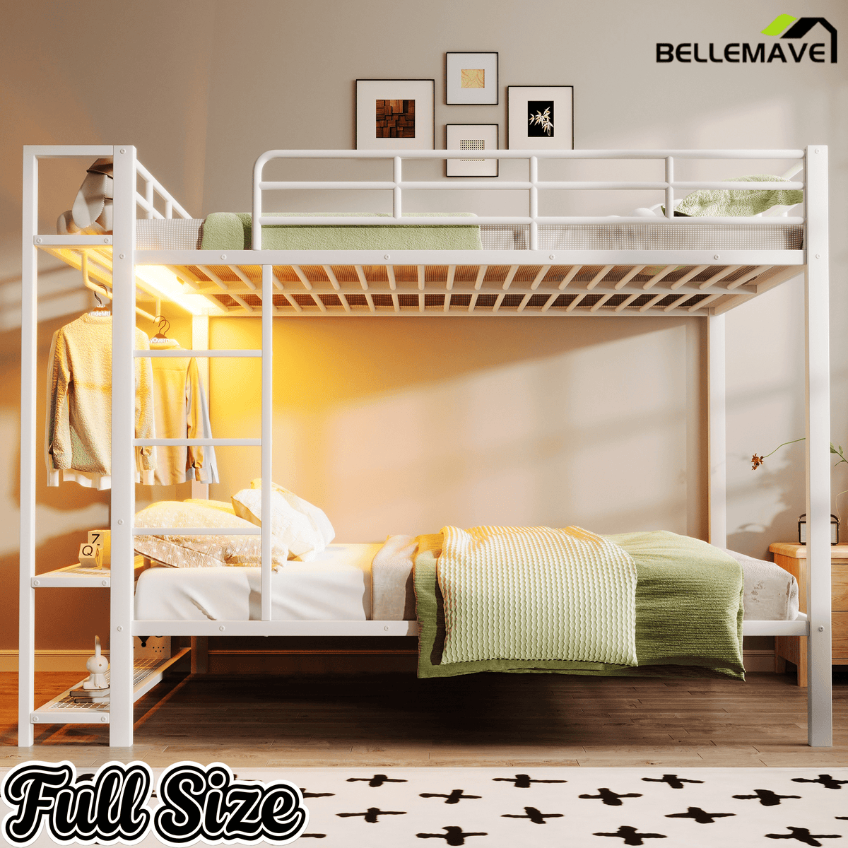 Bellemave® Bunk Bed Full Over Full,Metal Bunk Bed with Shelf, Guardrails, Storage Shelves & Clothes Hooks - Bellemave