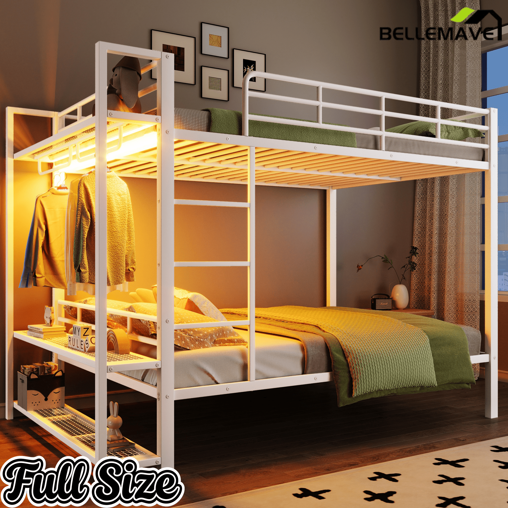 Bellemave® Bunk Bed Full Over Full,Metal Bunk Bed with Shelf, Guardrails, Storage Shelves & Clothes Hooks - Bellemave