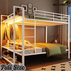 Bellemave® Bunk Bed Full Over Full,Metal Bunk Bed with Shelf, Guardrails, Storage Shelves & Clothes Hooks - Bellemave