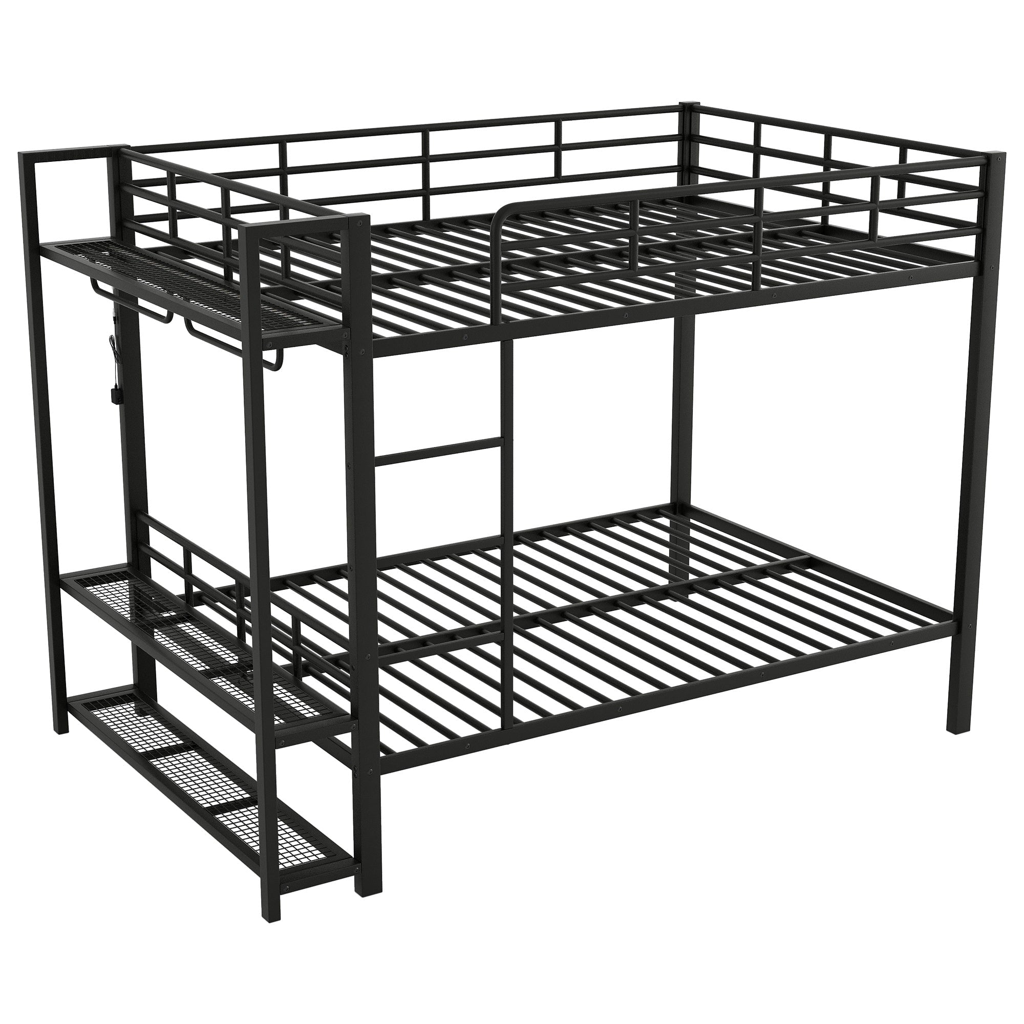 Bellemave® Bunk Bed Full Over Full,Metal Bunk Bed with Shelf, Guardrails, Storage Shelves & Clothes Hooks - Bellemave