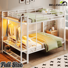 Bellemave® Bunk Bed Full Over Full,Metal Bunk Bed with Shelf, Guardrails, Storage Shelves & Clothes Hooks - Bellemave