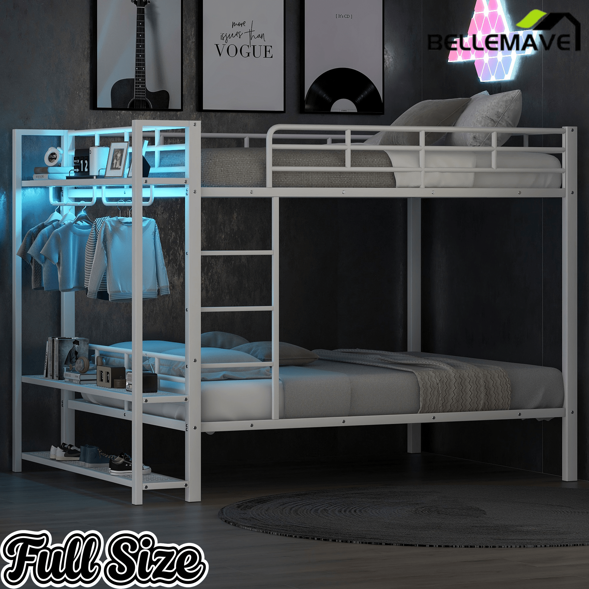 Bellemave® Bunk Bed Full Over Full,Metal Bunk Bed with Shelf, Guardrails, Storage Shelves & Clothes Hooks - Bellemave