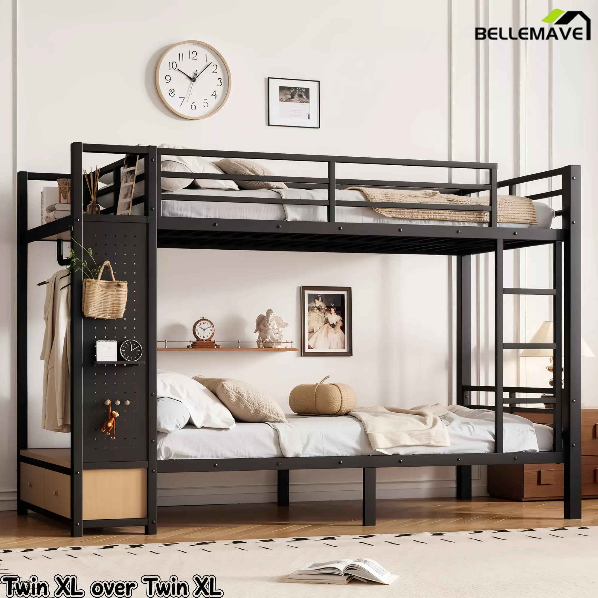Bellemave® Bunk Bed Queen Over Queen,Metal Bunk Bed with Shelf and Guardrails,Queen Bunk beds with Storage Drawers and Clothes Hooks for Kids, Teens & Adults（Black） - Bellemave