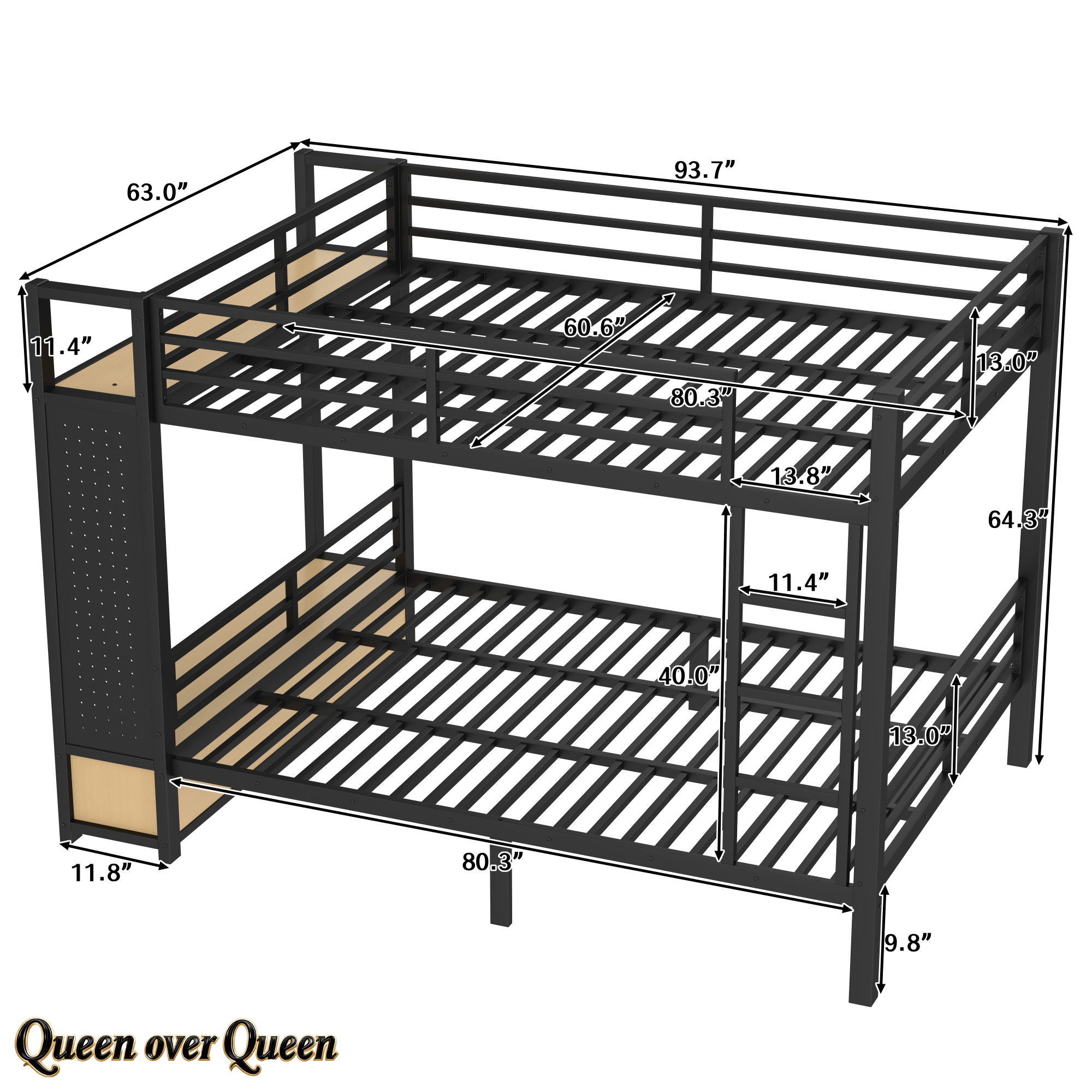 Bellemave® Bunk Bed Queen Over Queen,Metal Bunk Bed with Shelf and Guardrails,Queen Bunk beds with Storage Drawers and Clothes Hooks for Kids, Teens & Adults（Black） - Bellemave