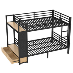 Bellemave® Bunk Bed Queen Over Queen,Metal Bunk Bed with Shelf and Guardrails,Queen Bunk beds with Storage Drawers and Clothes Hooks for Kids, Teens & Adults（Black） - Bellemave