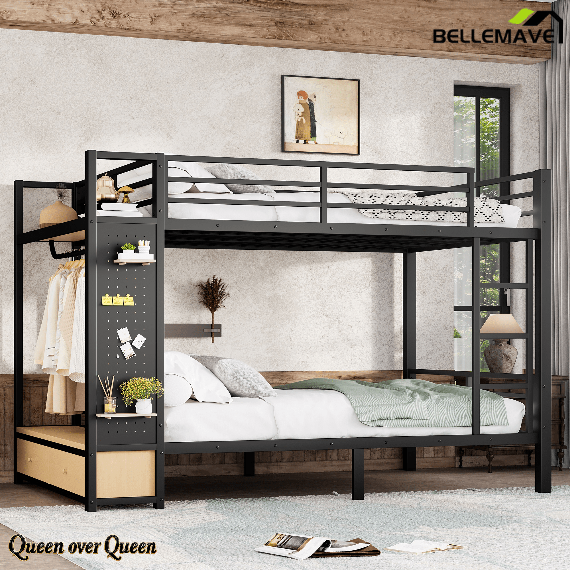 Bellemave® Bunk Bed Queen Over Queen,Metal Bunk Bed with Shelf and Guardrails,Queen Bunk beds with Storage Drawers and Clothes Hooks for Kids, Teens & Adults（Black） - Bellemave
