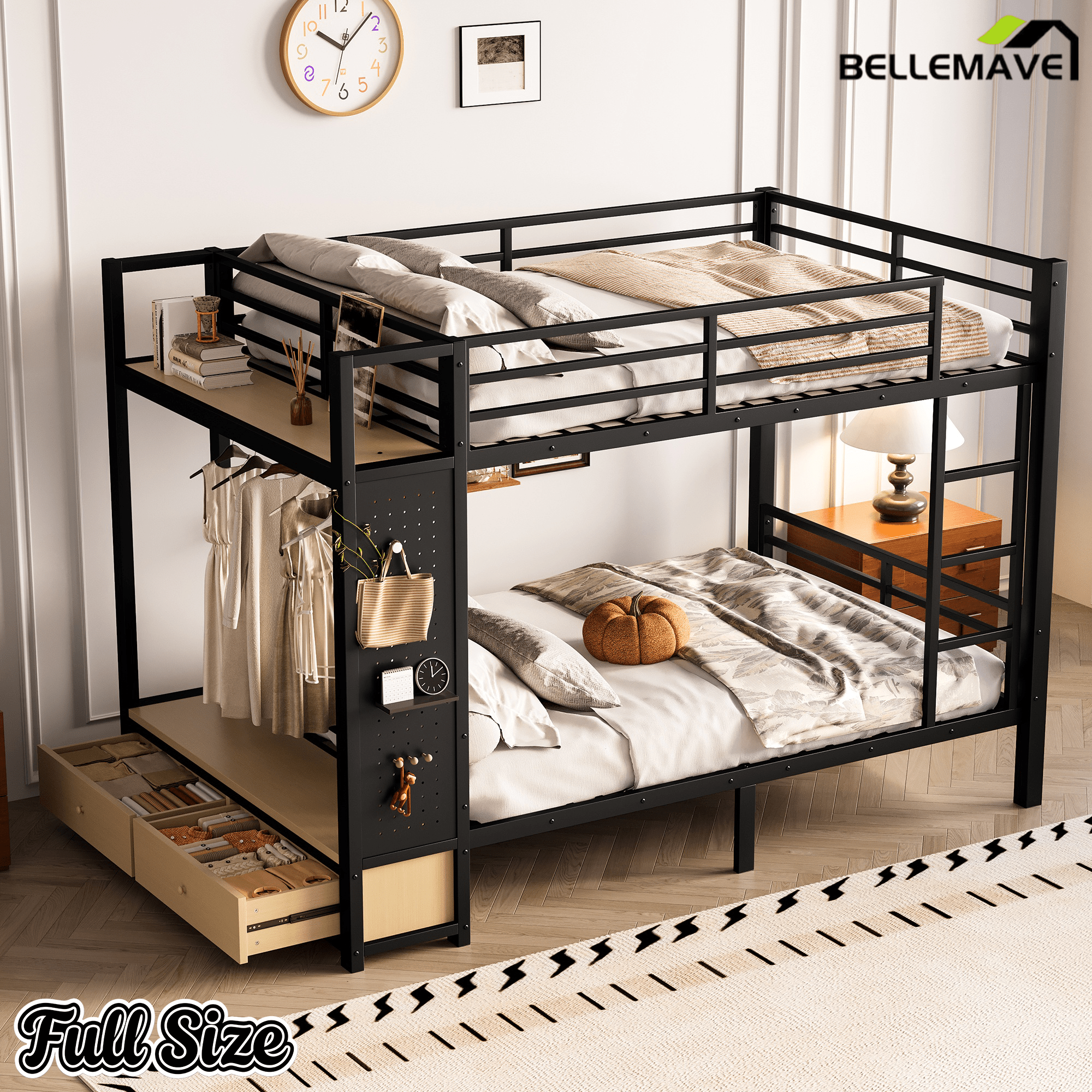 Bellemave® Bunk Bed Queen Over Queen,Metal Bunk Bed with Shelf and Guardrails,Queen Bunk beds with Storage Drawers and Clothes Hooks for Kids, Teens & Adults（Black） - Bellemave