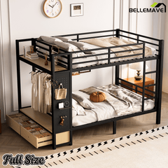 Bellemave® Bunk Bed Queen Over Queen,Metal Bunk Bed with Shelf and Guardrails,Queen Bunk beds with Storage Drawers and Clothes Hooks for Kids, Teens & Adults（Black） - Bellemave