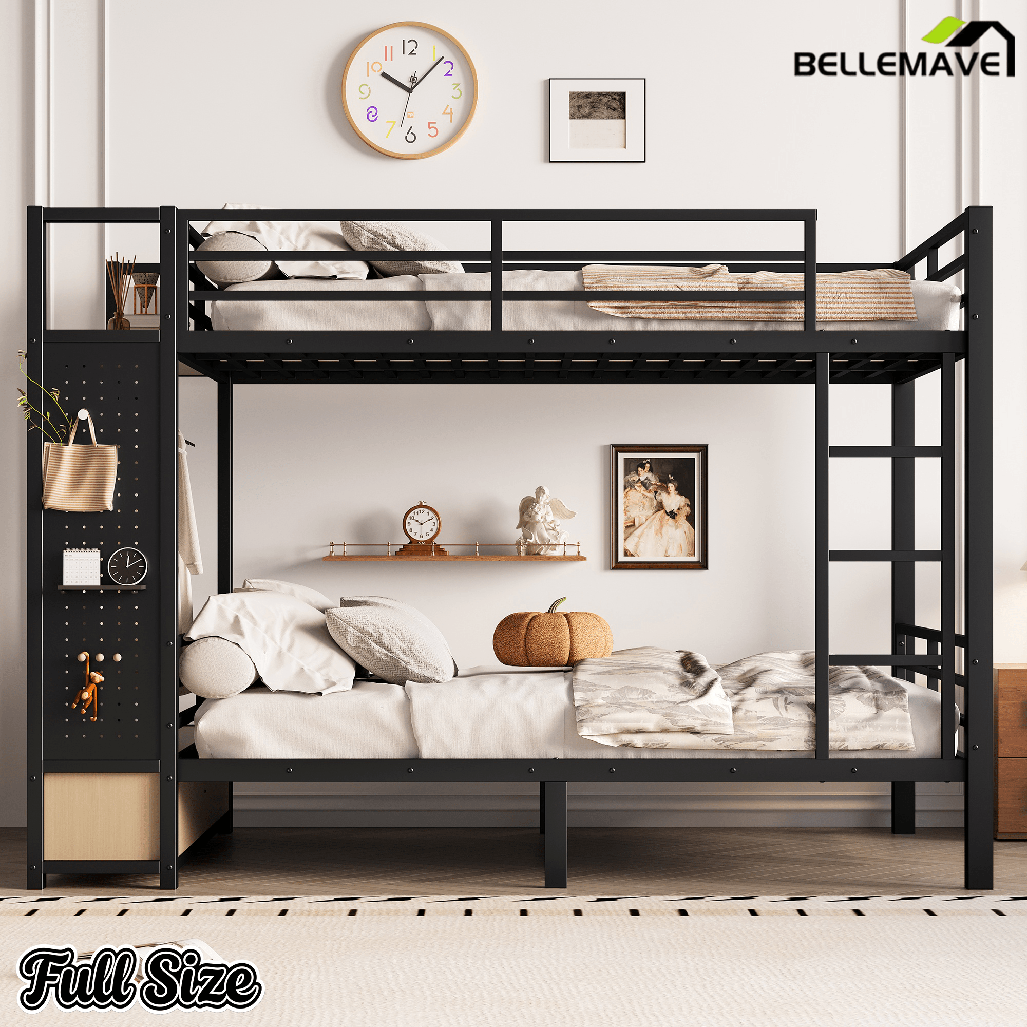 Bellemave® Bunk Bed Queen Over Queen,Metal Bunk Bed with Shelf and Guardrails,Queen Bunk beds with Storage Drawers and Clothes Hooks for Kids, Teens & Adults（Black） - Bellemave
