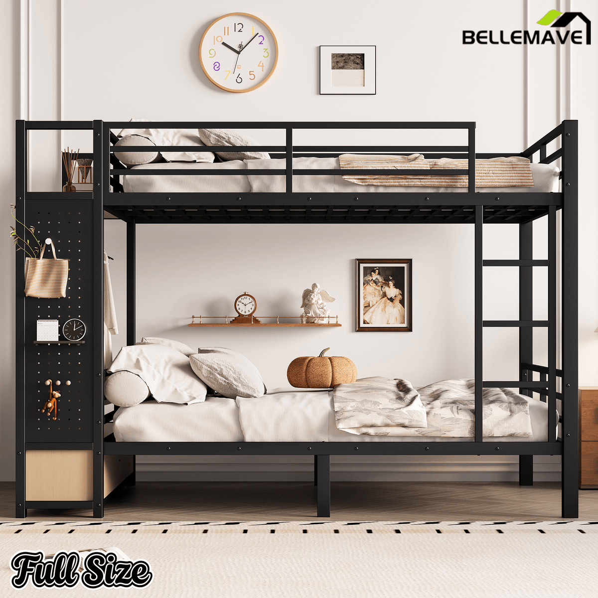 Bellemave® Bunk Bed Queen Over Queen,Metal Bunk Bed with Shelf and Guardrails,Queen Bunk beds with Storage Drawers and Clothes Hooks for Kids, Teens & Adults（Black） - Bellemave