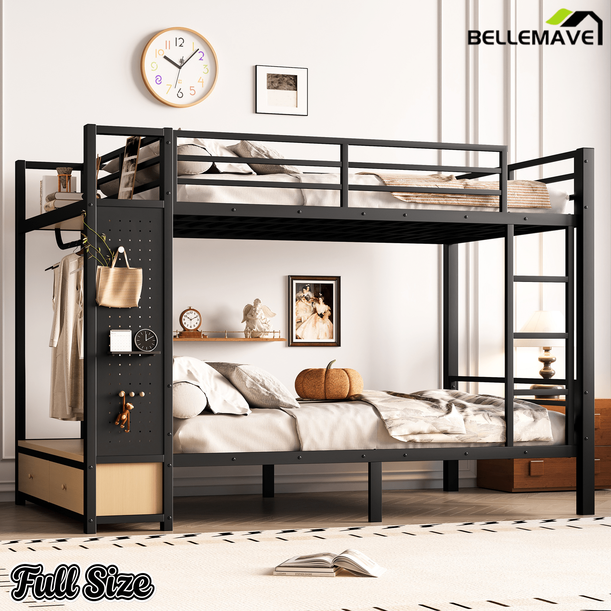 Bellemave® Bunk Bed Queen Over Queen,Metal Bunk Bed with Shelf and Guardrails,Queen Bunk beds with Storage Drawers and Clothes Hooks for Kids, Teens & Adults（Black） - Bellemave
