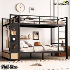 Bellemave® Bunk Bed Queen Over Queen,Metal Bunk Bed with Shelf and Guardrails,Queen Bunk beds with Storage Drawers and Clothes Hooks for Kids, Teens & Adults（Black） - Bellemave