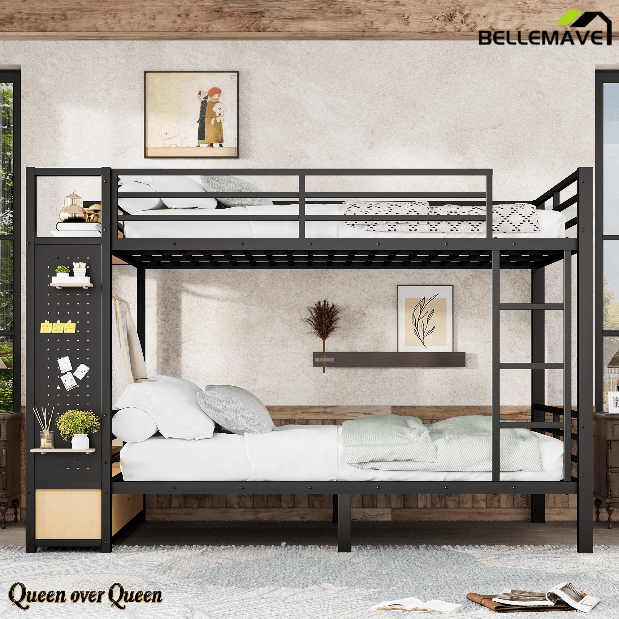 Bellemave® Bunk Bed Queen Over Queen,Metal Bunk Bed with Shelf and Guardrails,Queen Bunk beds with Storage Drawers and Clothes Hooks for Kids, Teens & Adults（Black） - Bellemave