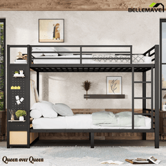 Bellemave® Bunk Bed Queen Over Queen,Metal Bunk Bed with Shelf and Guardrails,Queen Bunk beds with Storage Drawers and Clothes Hooks for Kids, Teens & Adults（Black） - Bellemave