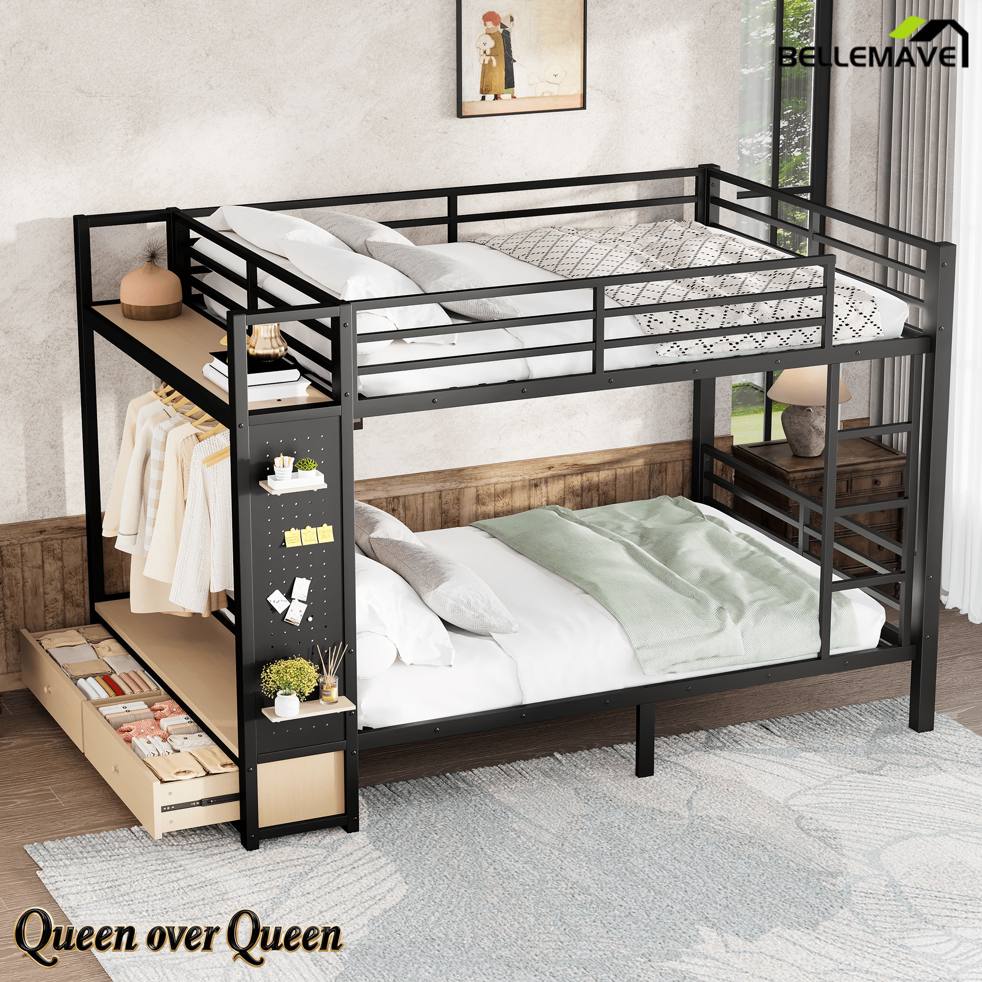 Bellemave® Bunk Bed Queen Over Queen,Metal Bunk Bed with Shelf and Guardrails,Queen Bunk beds with Storage Drawers and Clothes Hooks for Kids, Teens & Adults（Black） - Bellemave