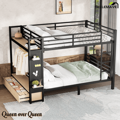 Bellemave® Bunk Bed Queen Over Queen,Metal Bunk Bed with Shelf and Guardrails,Queen Bunk beds with Storage Drawers and Clothes Hooks for Kids, Teens & Adults（Black） - Bellemave