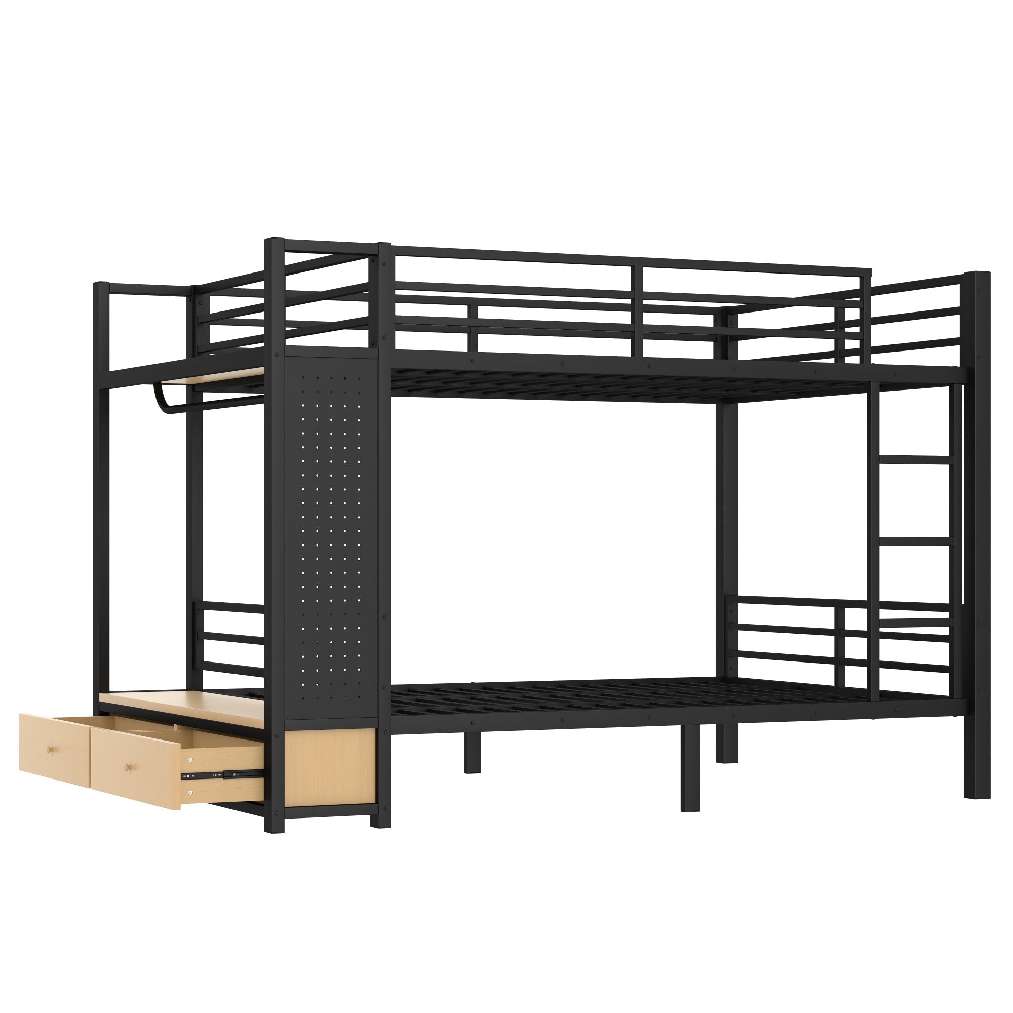 Bellemave® Bunk Bed Queen Over Queen,Metal Bunk Bed with Shelf, Guardrails, Storage Drawers & Clothes Hooks for Kids, Teens & Adults（Black） - Bellemave