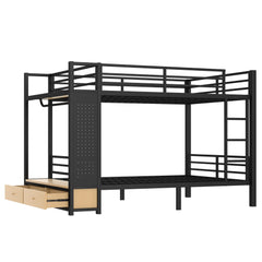 Bellemave® Bunk Bed Queen Over Queen,Metal Bunk Bed with Shelf, Guardrails, Storage Drawers & Clothes Hooks for Kids, Teens & Adults（Black） - Bellemave
