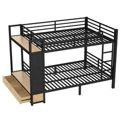 Bellemave® Bunk Bed Queen Over Queen,Metal Bunk Bed with Shelf, Guardrails, Storage Drawers & Clothes Hooks for Kids, Teens & Adults（Black） - Bellemave