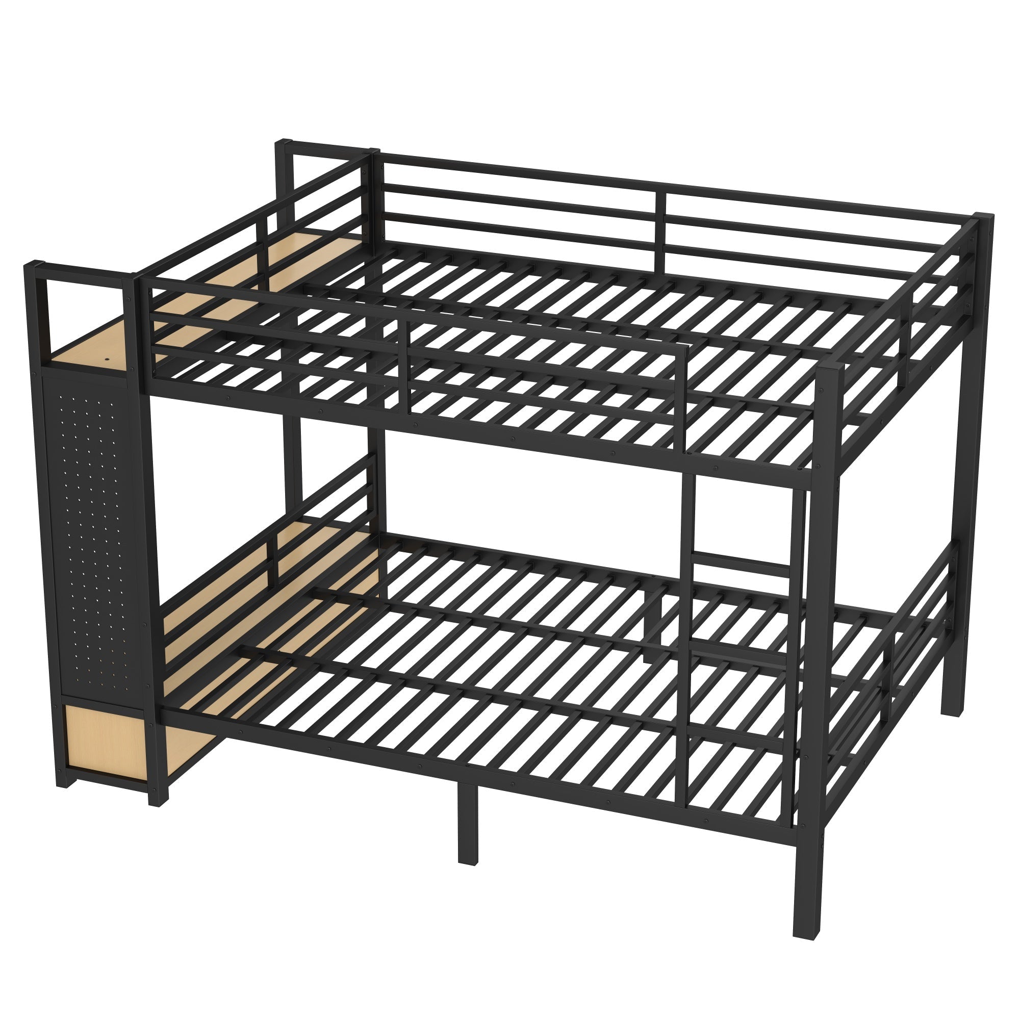 Bellemave® Bunk Bed Queen Over Queen,Metal Bunk Bed with Shelf, Guardrails, Storage Drawers & Clothes Hooks for Kids, Teens & Adults（Black） - Bellemave