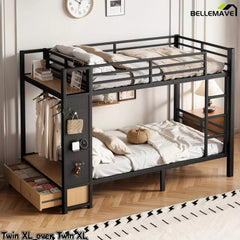Bellemave® Bunk Bed Queen Over Queen,Metal Bunk Bed with Shelf, Guardrails, Storage Drawers & Clothes Hooks for Kids, Teens & Adults（Black） - Bellemave