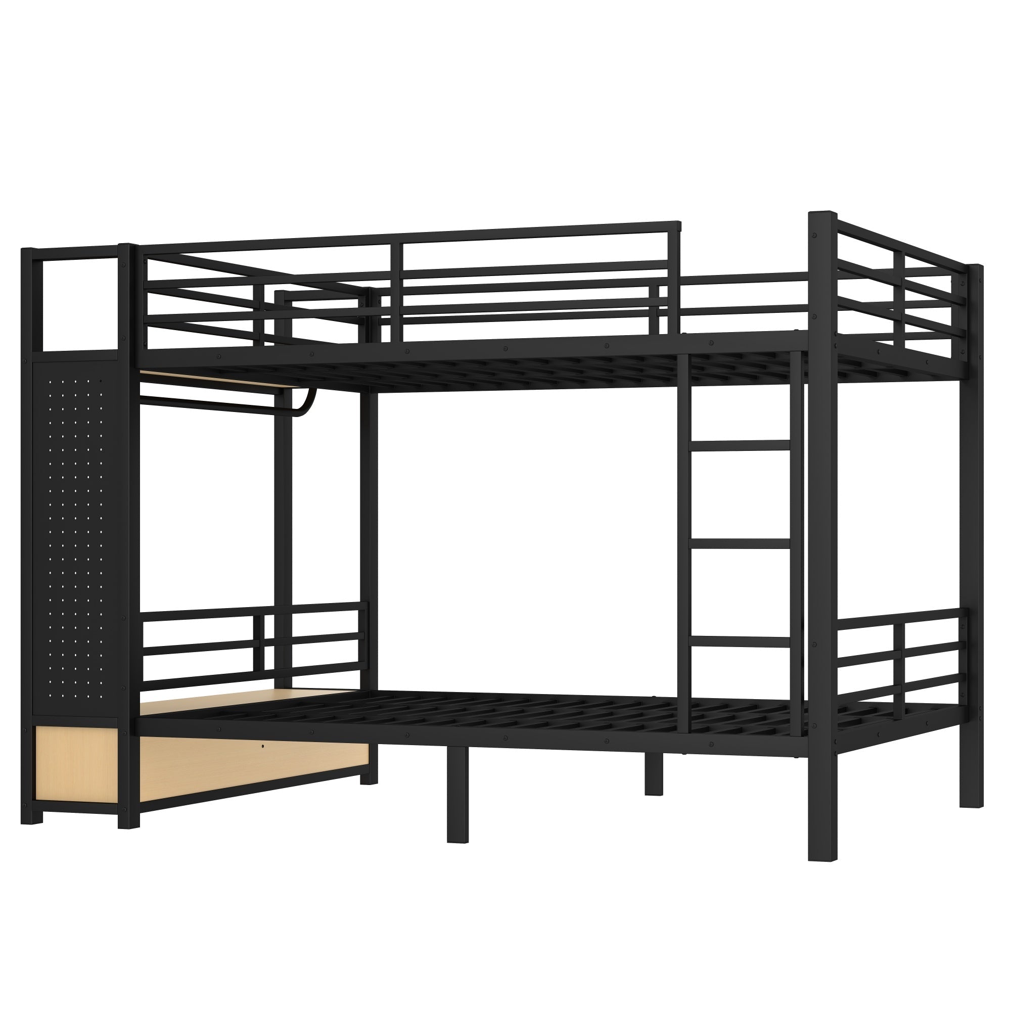 Bellemave® Bunk Bed Queen Over Queen,Metal Bunk Bed with Shelf, Guardrails, Storage Drawers & Clothes Hooks for Kids, Teens & Adults（Black） - Bellemave