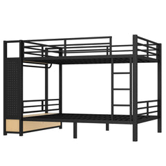Bellemave® Bunk Bed Queen Over Queen,Metal Bunk Bed with Shelf, Guardrails, Storage Drawers & Clothes Hooks for Kids, Teens & Adults（Black） - Bellemave